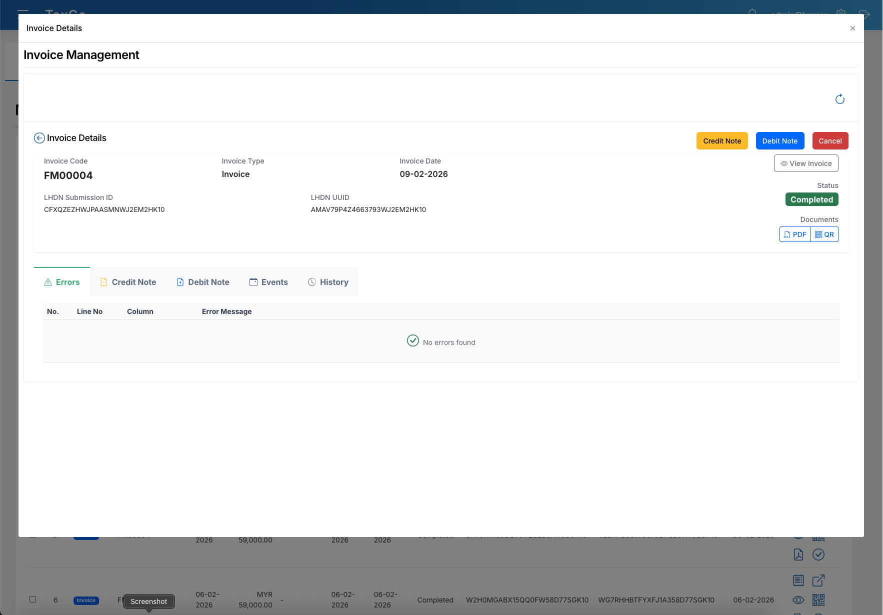 TaxGo Invoice Management - View invoice details, LHDN submission ID, and manage credit notes and debit notes