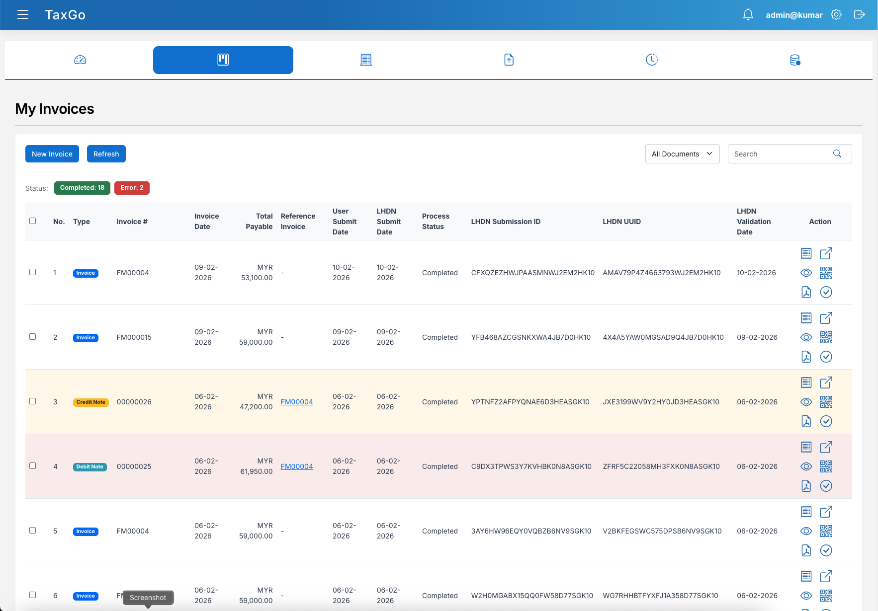 TaxGo Invoice Monitoring - Track all invoice statuses, LHDN validation, and submission history in real-time